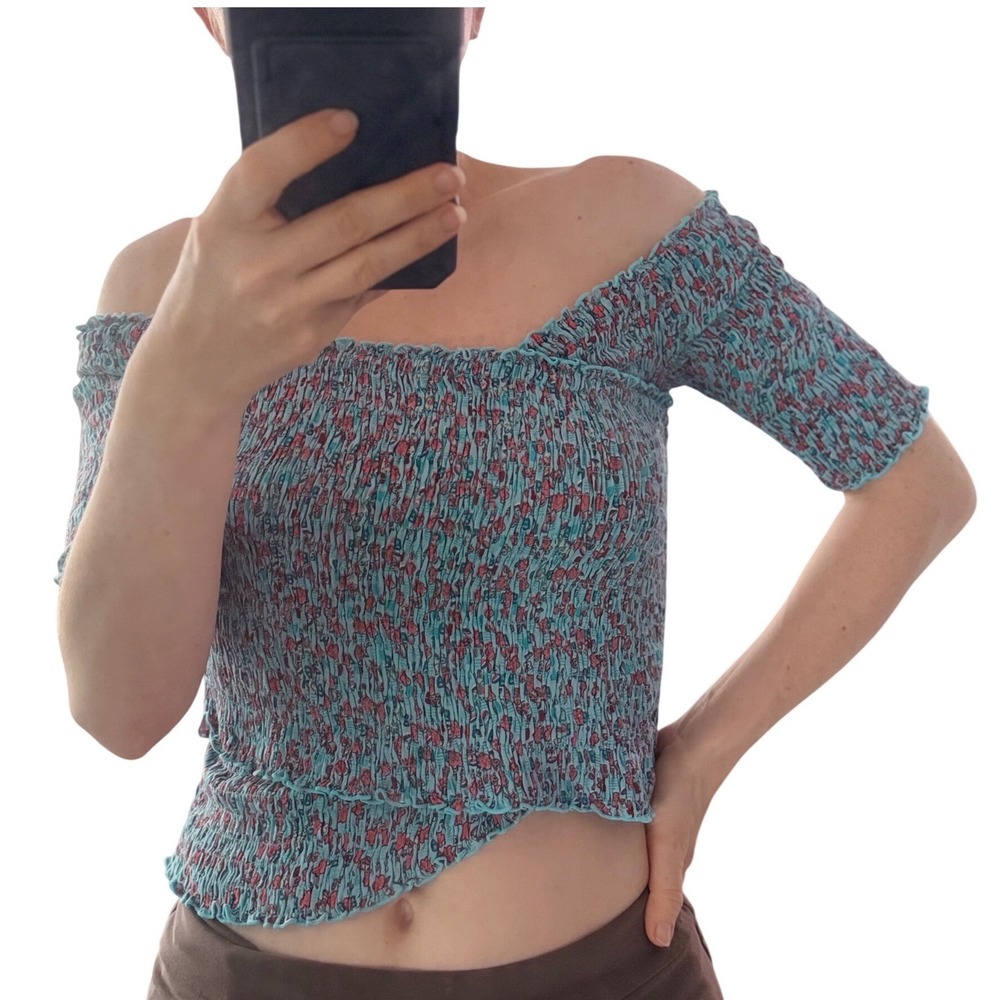 Poupette St Barth‎ Smocked Crop Top Turquoise Floral Off Shoulder Boho Small